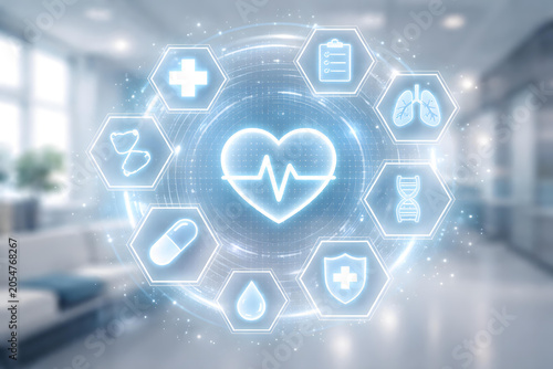 Healthcare icon heart pulse hospital medical digital interface glowing health technology dashboard with abstract clinic background