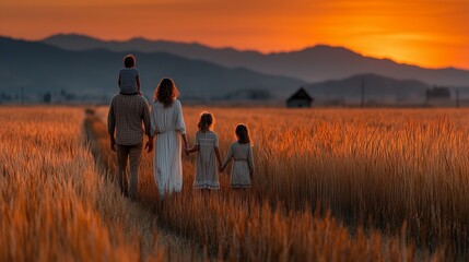 Mother Walking with Children Through Golden Field at Sunset on Mother's Day
