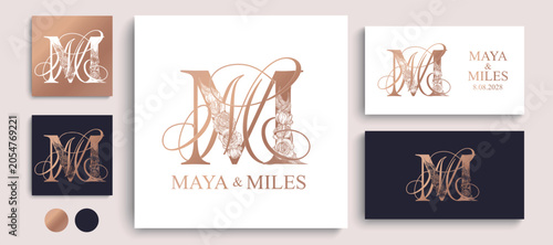MM wedding crest monogram featuring intertwined decorative letters. Elegant logo design for weddings, invitations and event branding.
