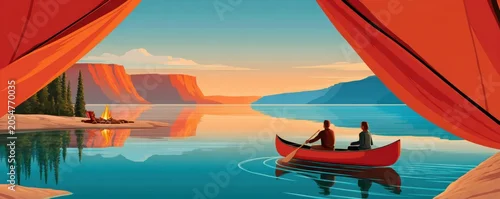Panel kuchenny z motywem Couple paddling a red canoe on a calm lake at sunset seen from inside a tent