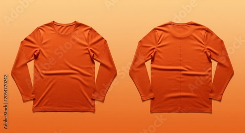 Orange long sleeve t-shirt front and back view isolated on smooth gradient background studio shot