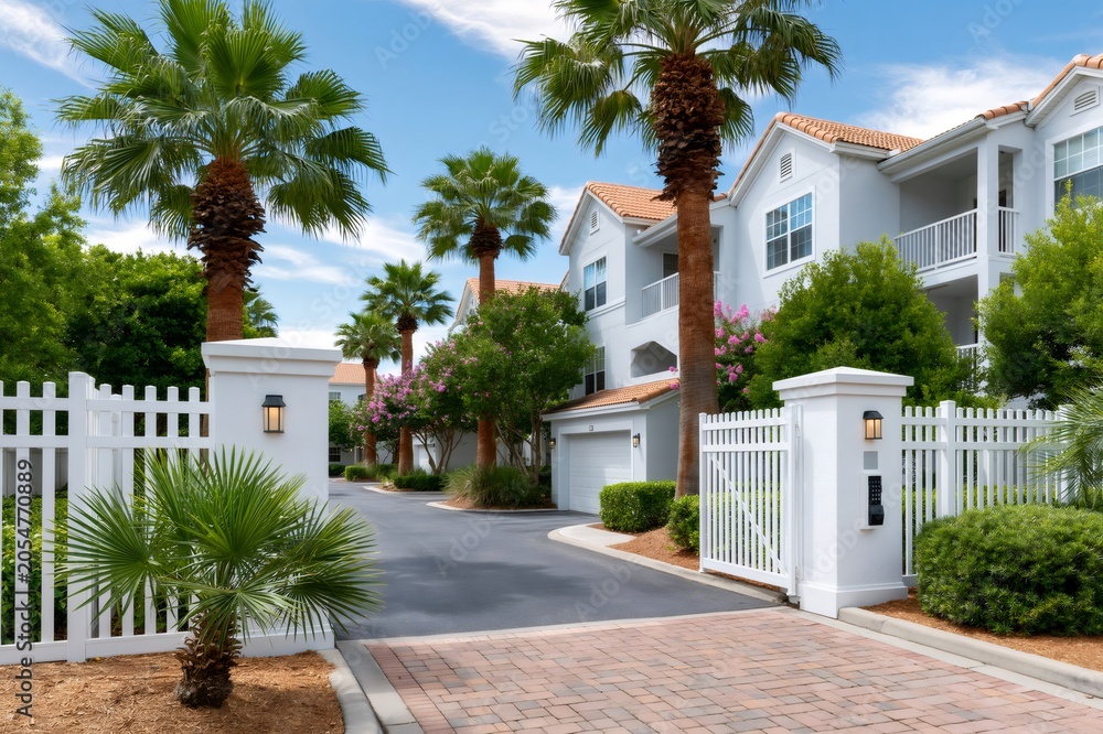 Fototapeta premium Gated community entrance with palm trees and modern apartments