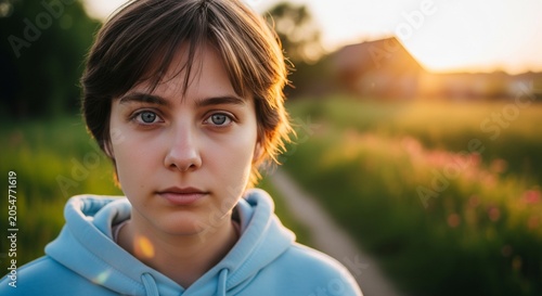 Portrait of a young person with short brown hair and blue eyes in a light blue hoodie outdoors at sunset