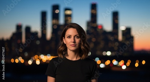 Professional woman in black shirt with city skyline at dusk evening lights and bokeh