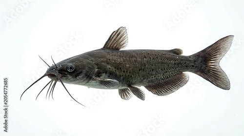 A single brown bullhead catfish swimming isolated against a white background.