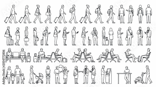 Minimalist architectural people silhouettes, set of 40 airport traveler line icons, walking and sitting passengers with luggage vector collection