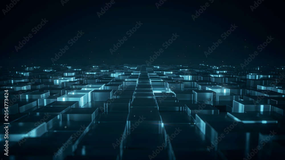 Fototapeta premium Futuristic Digital Cityscape with Glowing Blocks and Starry Night Sky
