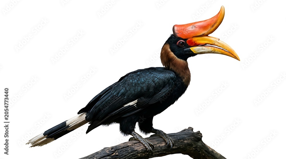 Obraz premium A majestic Rufous-necked Hornbill perched on a tree branch against a white background.