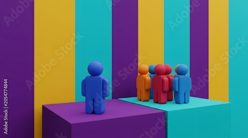 Isolated blue figure stands apart from colorful group on striped background
