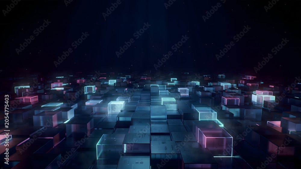 Fototapeta premium Futuristic Digital Landscape with Glowing Blocks and Neon Lights at Night