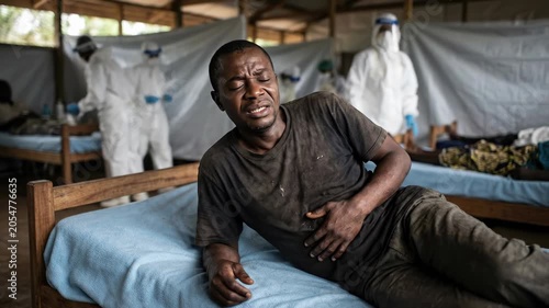 Infectious disease anguish: ebola virus, human suffer, medical ward, receive care, health crisis, global threat, patient isolation, epidemic control, virus transmission.