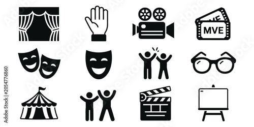 Entertainment performing arts icon set featuring theater, music, dance, cinema, stage performance and creative culture vector symbols.