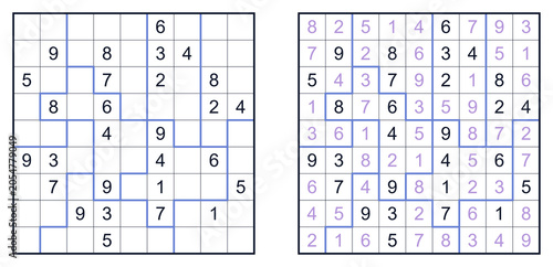 Completed irregular Sudoku puzzle with purple solution numbers