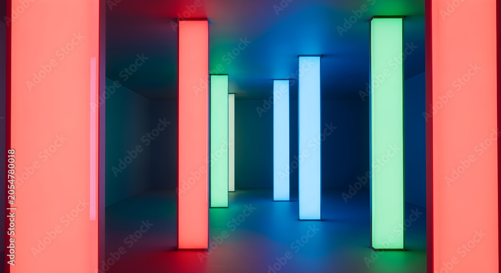 Fototapeta premium Vibrant rectangular lights illuminate a dark room with colorful beams.