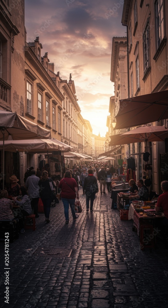 Fototapeta premium Bustling street market with vendors and crowds walking down a cobblestone path at sunset for travel documentary and global economy concepts with golden hour light