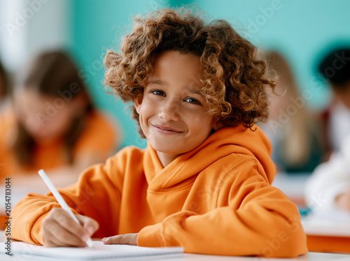 Boy Writing in Classroom with Orange Hoodie