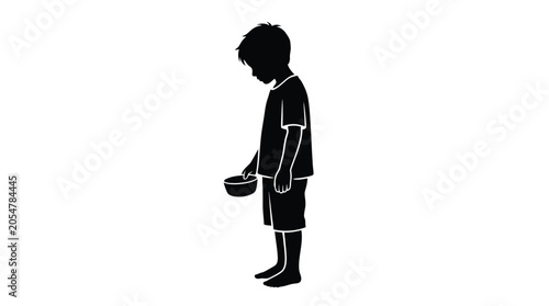 Fotografie Minimalist black vector illustration showing a small hungry child holding an emp
