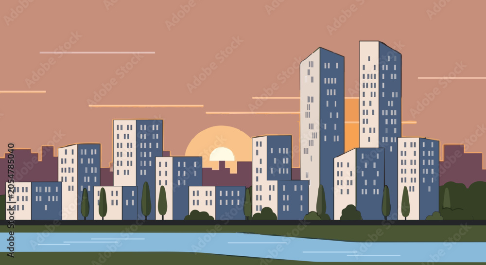 Fototapeta premium Modern urban residential skyline at sunset with waterfront reflection