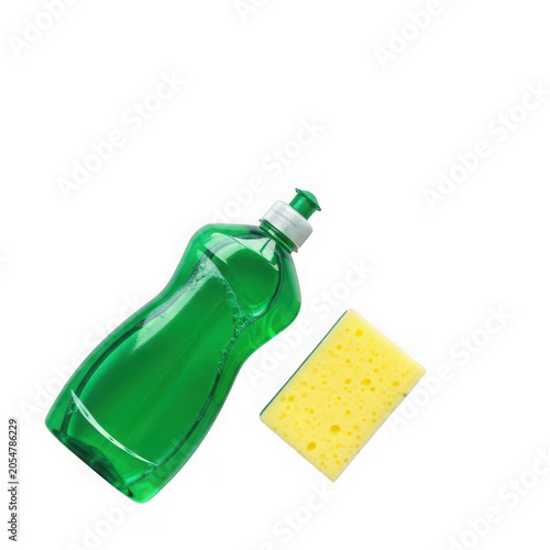 Green dish soap bottle and yellow sponge isolated on transparent background