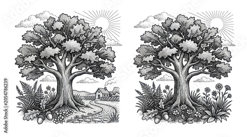 Canvastavla Mighty oak tree in rural landscape with cottage and garden