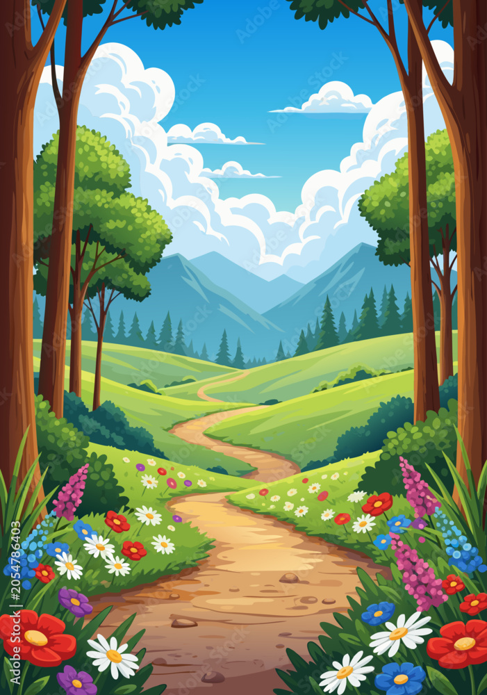 Naklejka premium Vibrant cartoon landscape with a winding path through a flower-filled meadow and lush green trees leading to distant mountains under a blue sky with fluffy clouds.