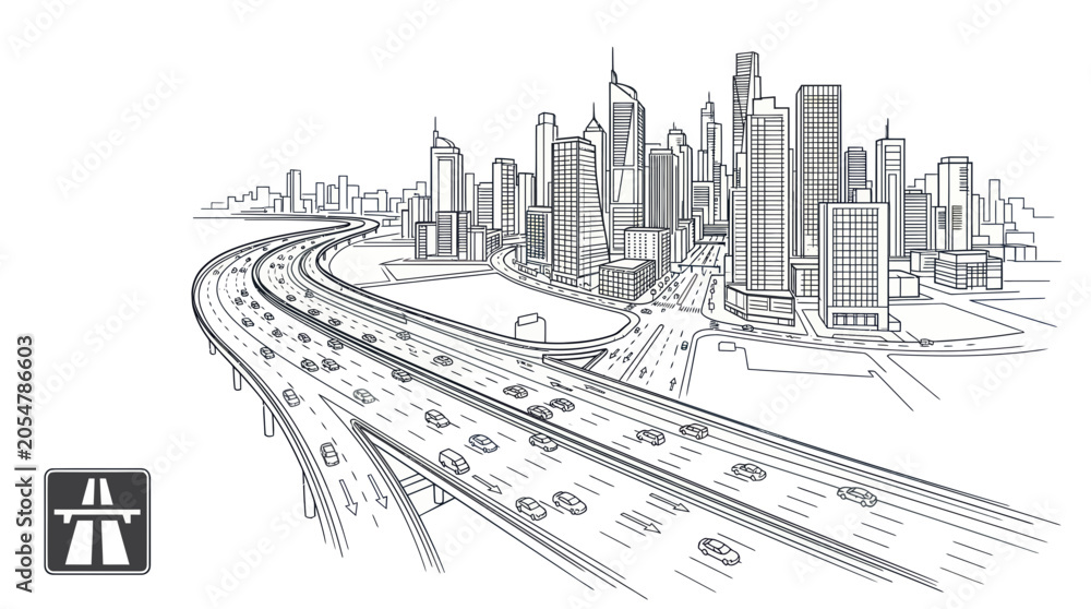 Fototapeta premium City skyline and busy highway traffic in architectural sketch style
