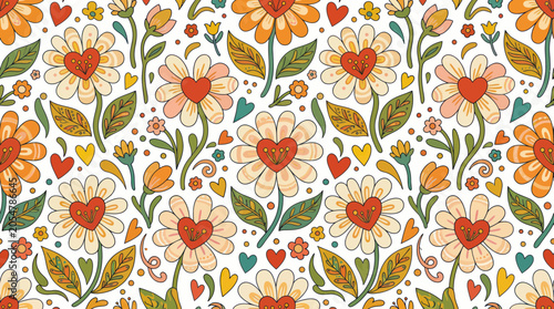 Bild auf Leinwand Retro daisy floral pattern with heart centers in vintage earthy tones