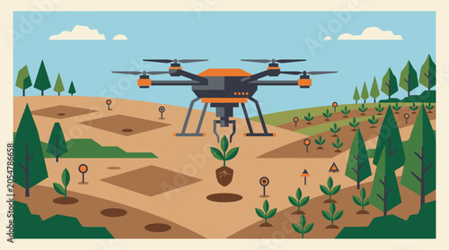 Slika na platnu Autonomous Agricultural Drone Planting Young Sapling.