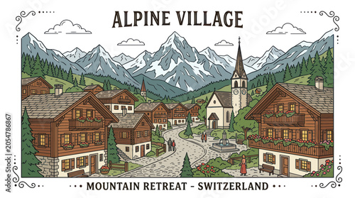 Konstfotografi Alpine village in switzerland with traditional chalets and mountains