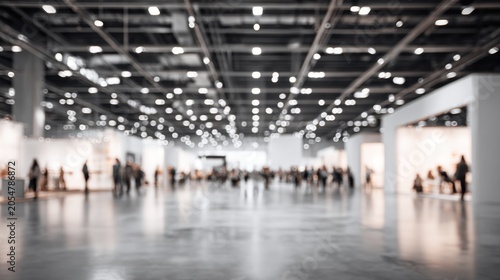 Modern spacious indoor exhibition hall with visitors and displays
