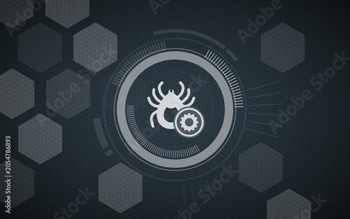 Foto Digital bug security concept with a software virus icon inside a futuristic HUD