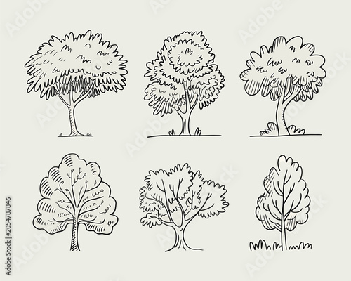 Tree Illustrations Set with Various Shapes and Styles on Beige Background