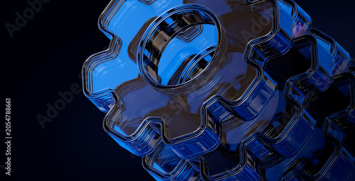 Blue glass gears technology network on dark background