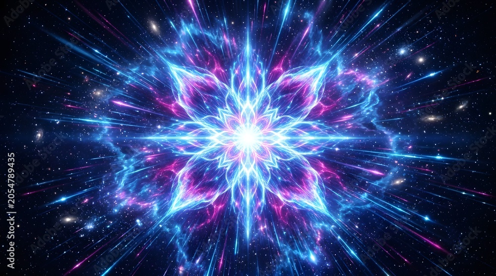 Fototapeta premium Abstract Blue Space Background with Glowing Stars and Fractal Light Patterns