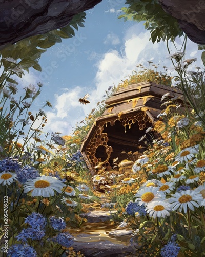 Serene beehive entrance framed by wildflowers on a sunny meadow, guard bees fanning wings to ventilate, honey droplets glistening,