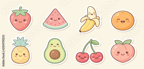 Cute Kawaii Fruit Sticker Pack Set – Adorable Cartoon Fruit Characters with Happy Smiling Faces for Kids Design and Scrapbooking