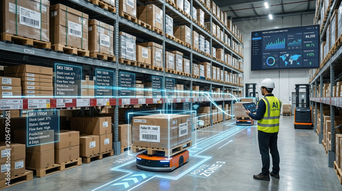 Warehouse automation future digital logistics with robots and ai interface data.