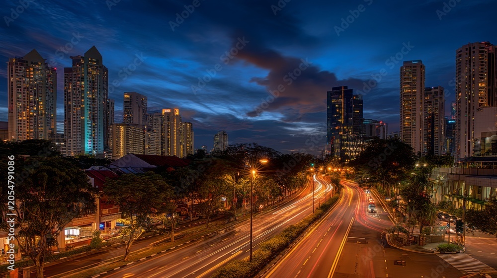 Fototapeta premium Vibrant Night Cityscape with Illuminated Skyscrapers and Light Trails on Busy Road in Urban Setting at Twilight