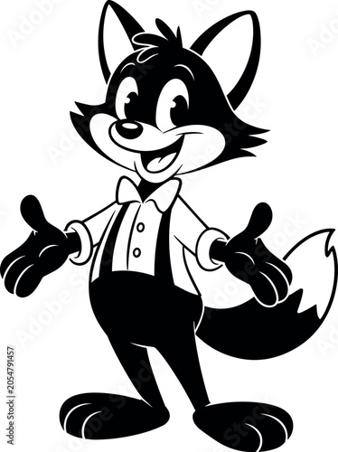 Obraz na płótnie Cheerful vintage cartoon fox mascot in a bow tie gestures with open arms in bright flat lighting on a white background