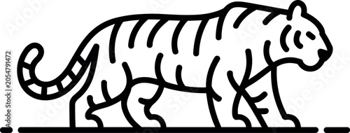 Bild auf Leinwand Majestic tiger prowling forward in clean black line art style, capturing strength and power against a white background