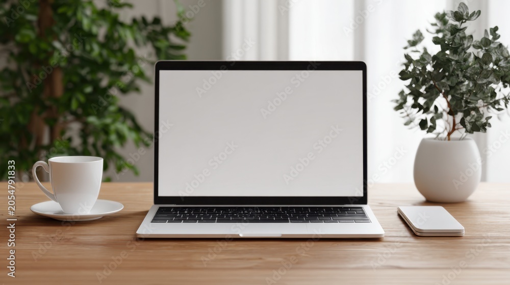 Fototapeta premium Minimalist Office Workspace with Laptop, Plants, and Coffee Mug on Wooden Table