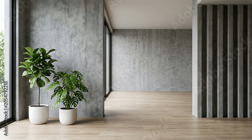 Minimalist interior with fiddle leaf fig and monstera plants concrete walls and natural light