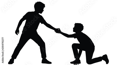 Black vector illustration showing a helpful boy reaching out to assist his friend standing up together