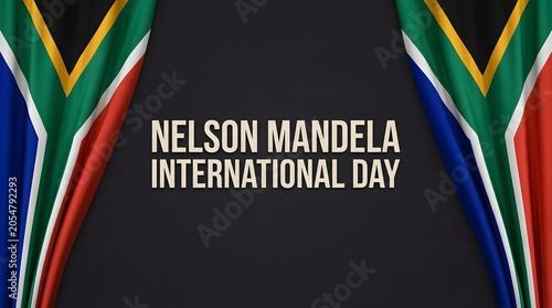 Decorative banner and poster design for Nelson Mandela International Day, featuring the vibrant colors of the South Africa national flag, elegant gold and blue curtains, and bold celebratory typograph