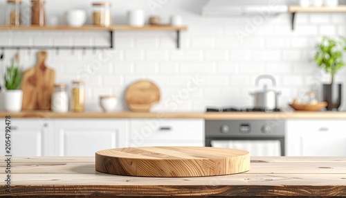 Round wood board on bright kitchen counter, blurred white interior