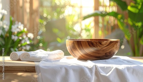 Wooden bowl, white towels, sunny spa table with green foliage