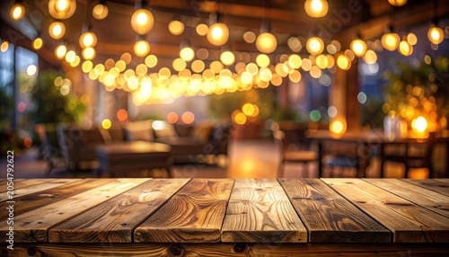 Warm, blurred interior with glowing lights above a rustic wooden table