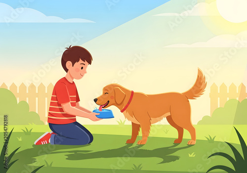 A young boy lovingly giving water to his happy golden retriever dog outdoors in a sunlit green backyard meadow setting