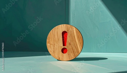 Circular wooden cutout featuring a vibrant red exclamation mark