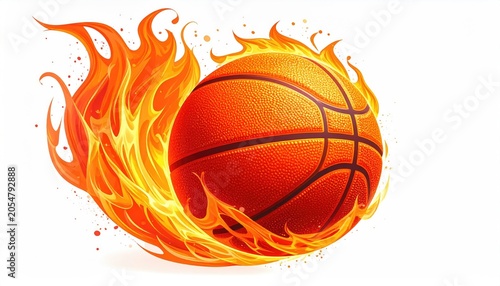Orange basketball engulfed in fiery orange and yellow flames